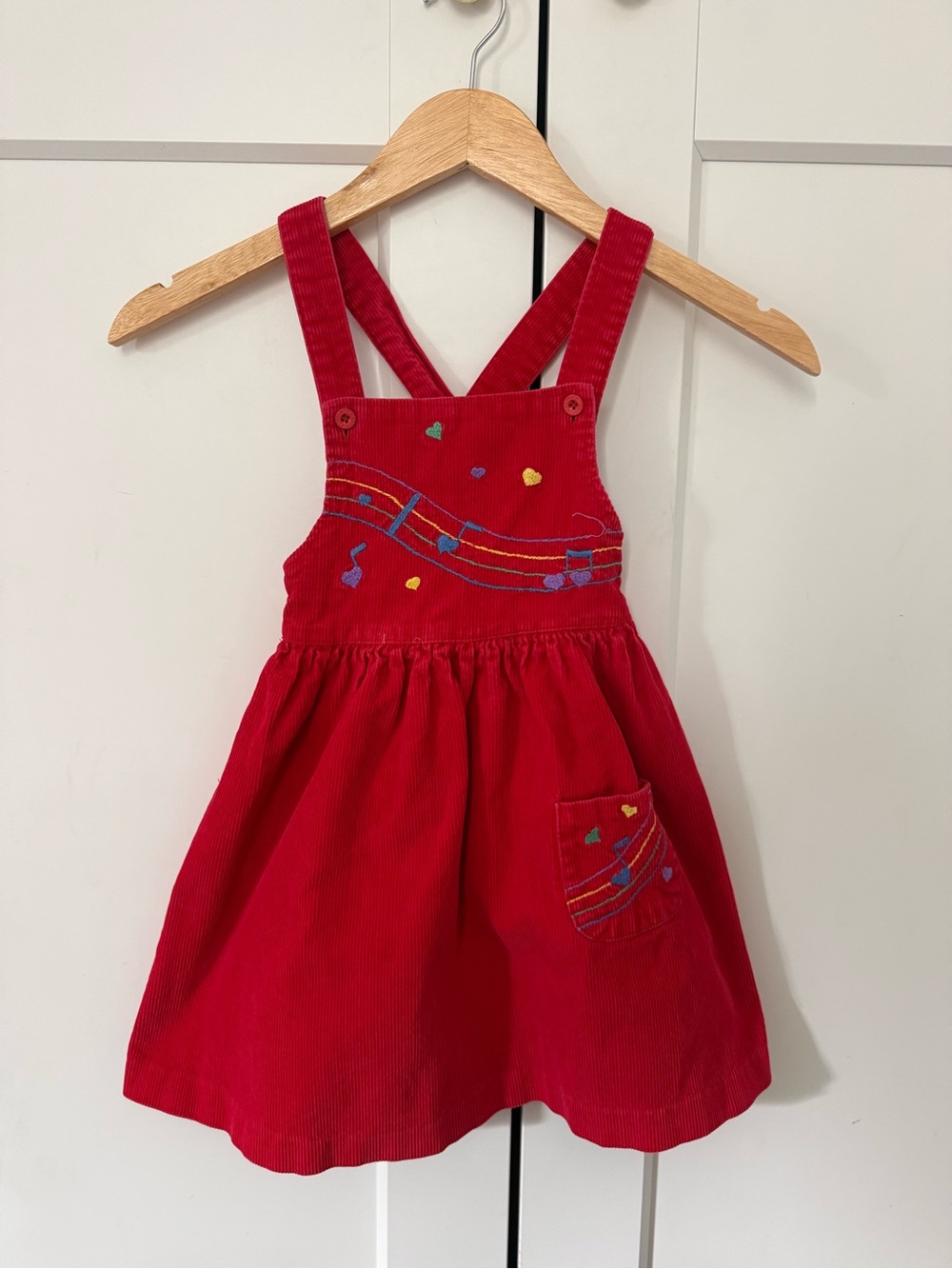 Red Corduroy Suspenders Dress with Colorful Embroidery